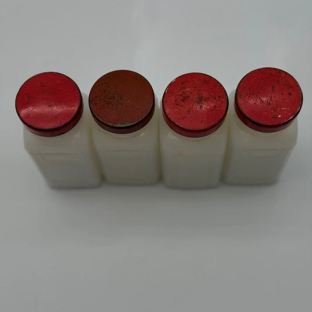 Vintage Milk Glass Spice Jars Set of 4 Art Deco Ribbed Red Metal Lids White